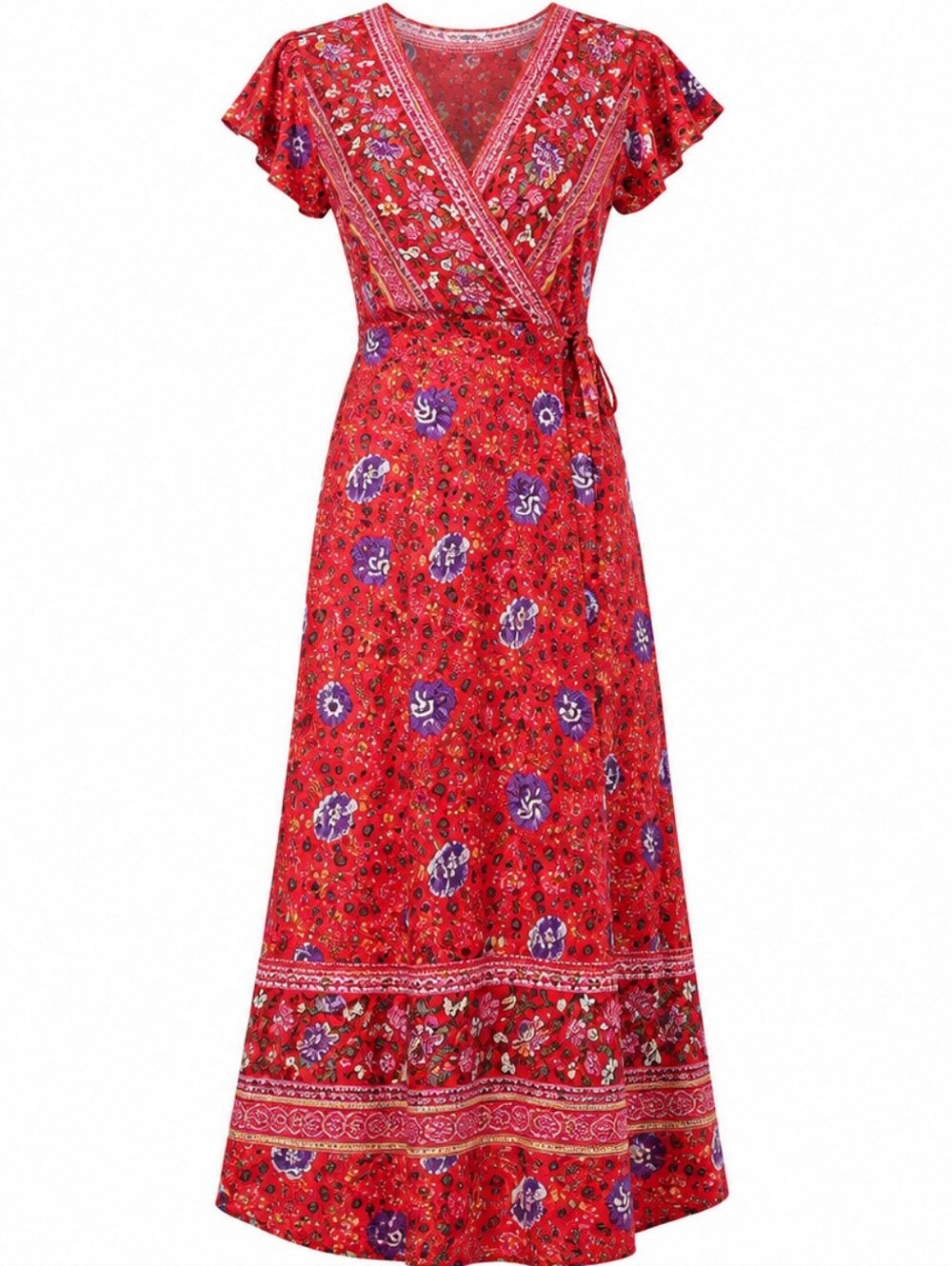 Ecowish Floral Maxi True Wrap Dress V Neck Red Cotton Floral Bohemian S Artisan